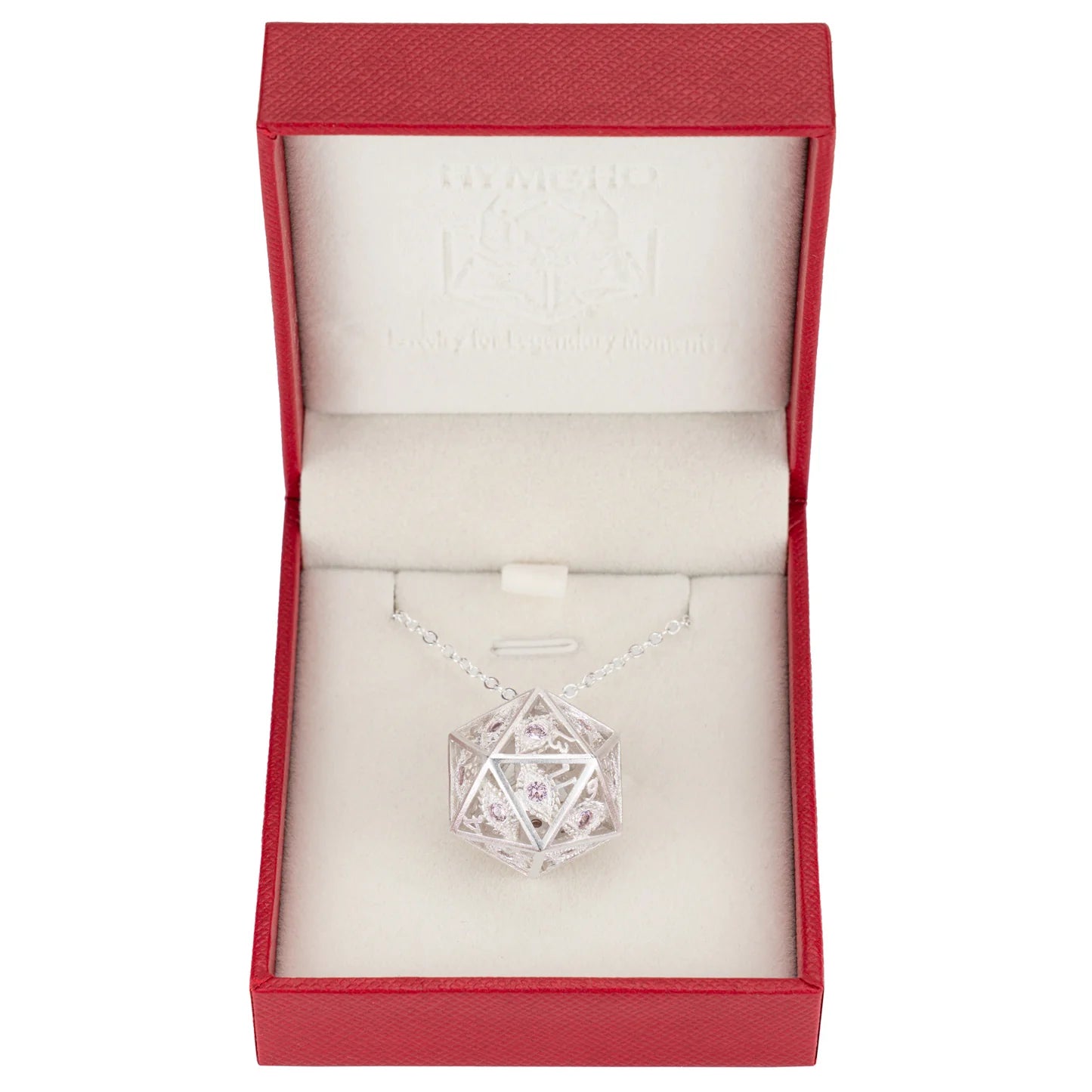 Dragon's Eye D20 Dice Necklace: Silver w/Pink Gems | Game Grid - Logan