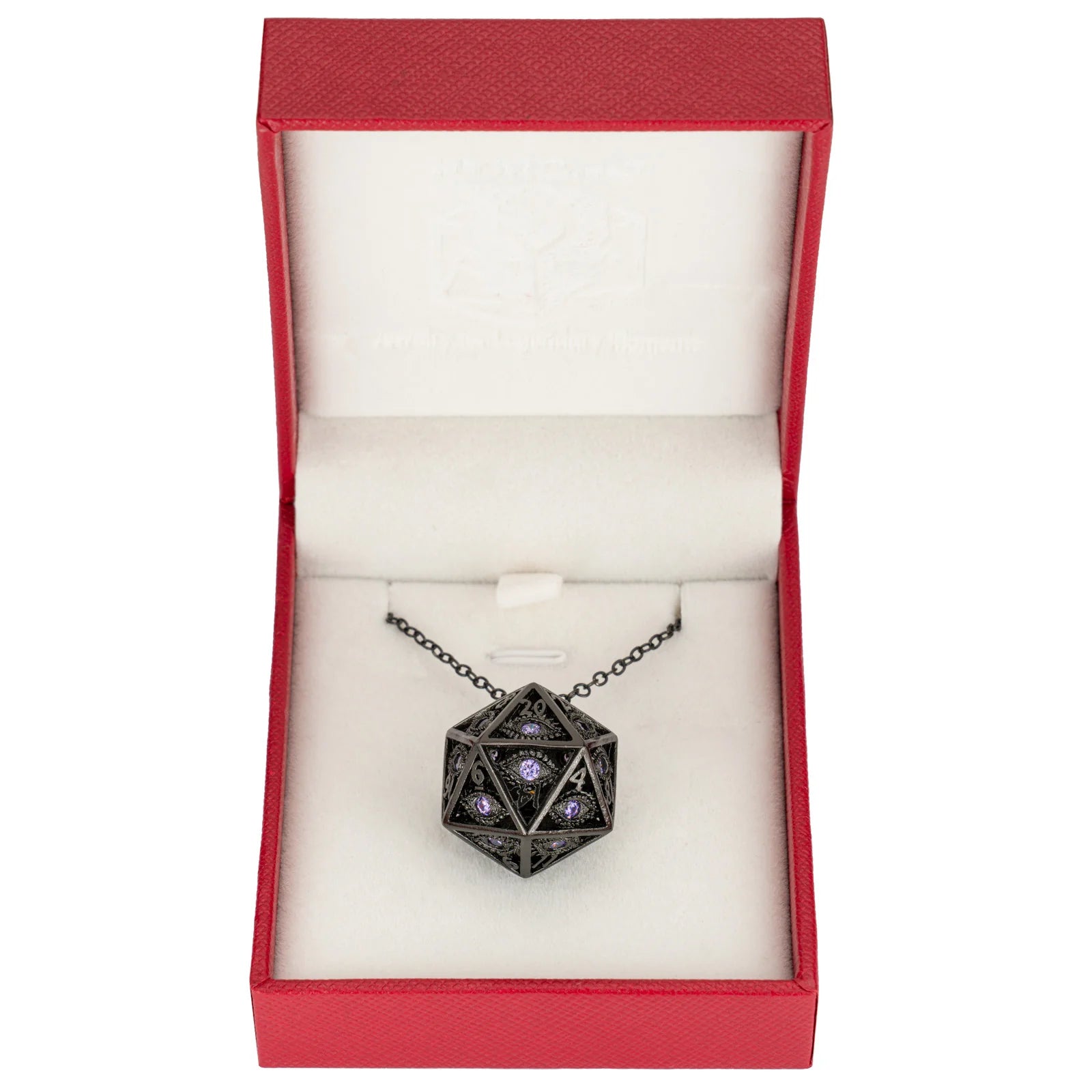 Dragon's Eye D20 Dice Necklace: Gunmetal w/ Purple Gems | Game Grid - Logan