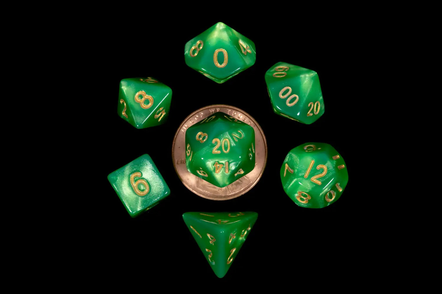 Mini Polyhedral Dice Set: Green/Light Green w/ Gold Numbers | Game Grid - Logan