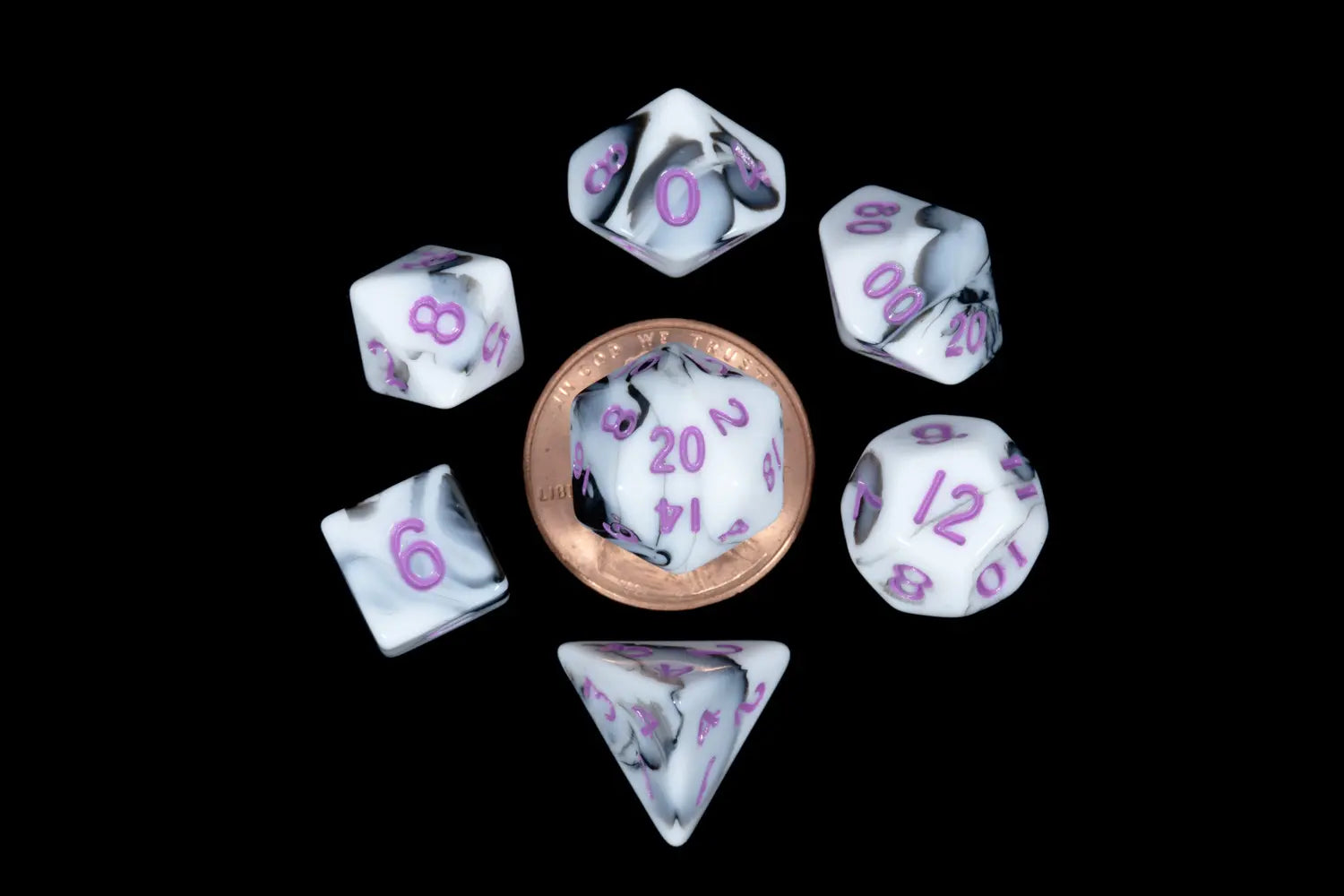 Mini Polyhedral Dice Set: Marble with Purple Numbers | Game Grid - Logan