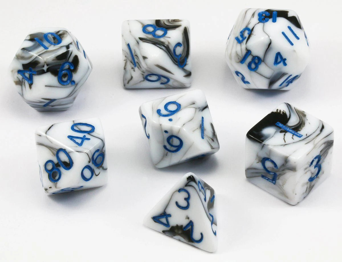 Mini Polyhedral Dice Set: Marble w/ Blue Numbers | Game Grid - Logan