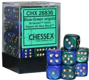 12mm D6 Brick: Gemini - Blue-Green/Gold (36) | Game Grid - Logan
