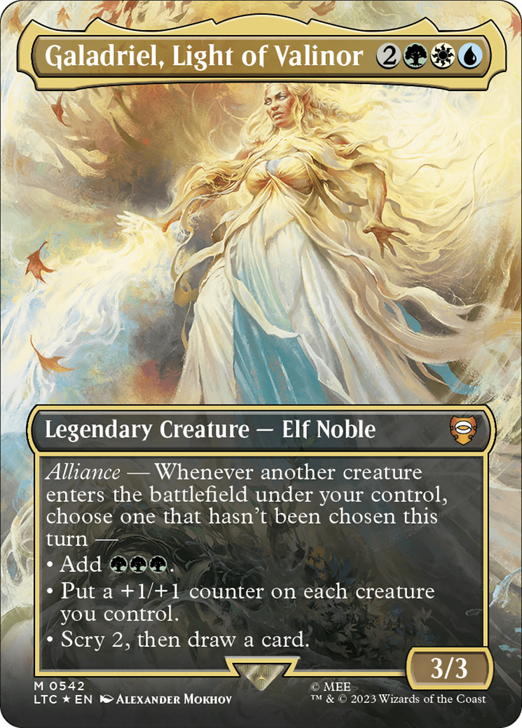 Galadriel, Light of Valinor (Borderless) (Surge Foil) [The Lord of the Rings: Tales of Middle-Earth Commander] | Game Grid - Logan