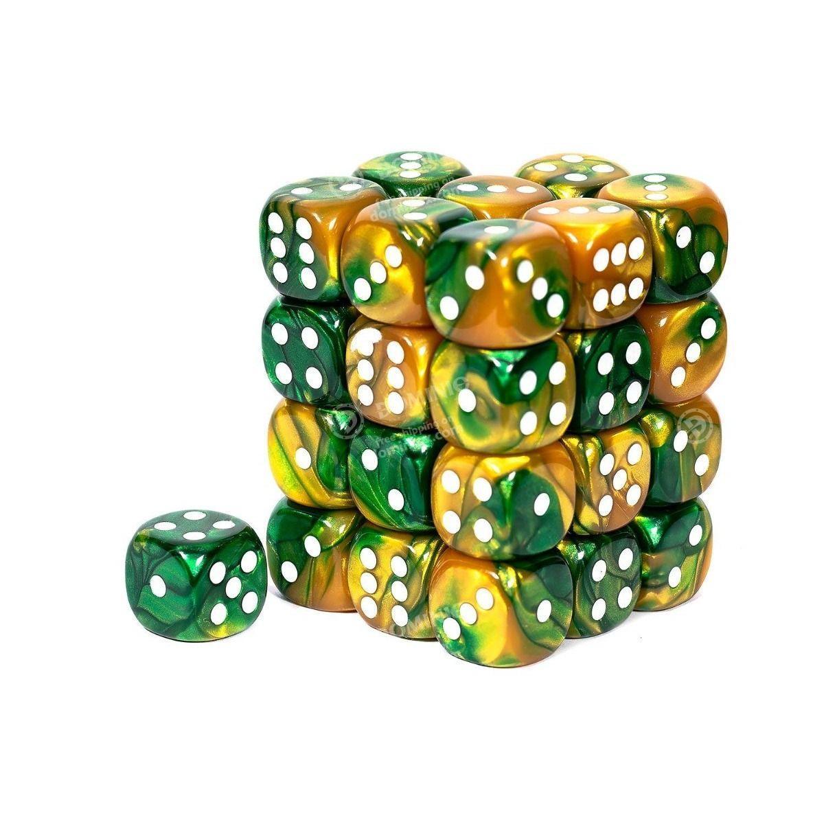 12mm D6 Brick: Gemini - Gold-Green/White (36) | Game Grid - Logan
