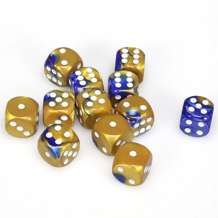 16mm D6 Brick: Gemini - Blue-Gold/White (12) | Game Grid - Logan