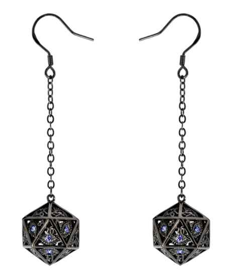 Dragon's Eye D20 Earrings: Gunmetal with Purple Gems | Game Grid - Logan