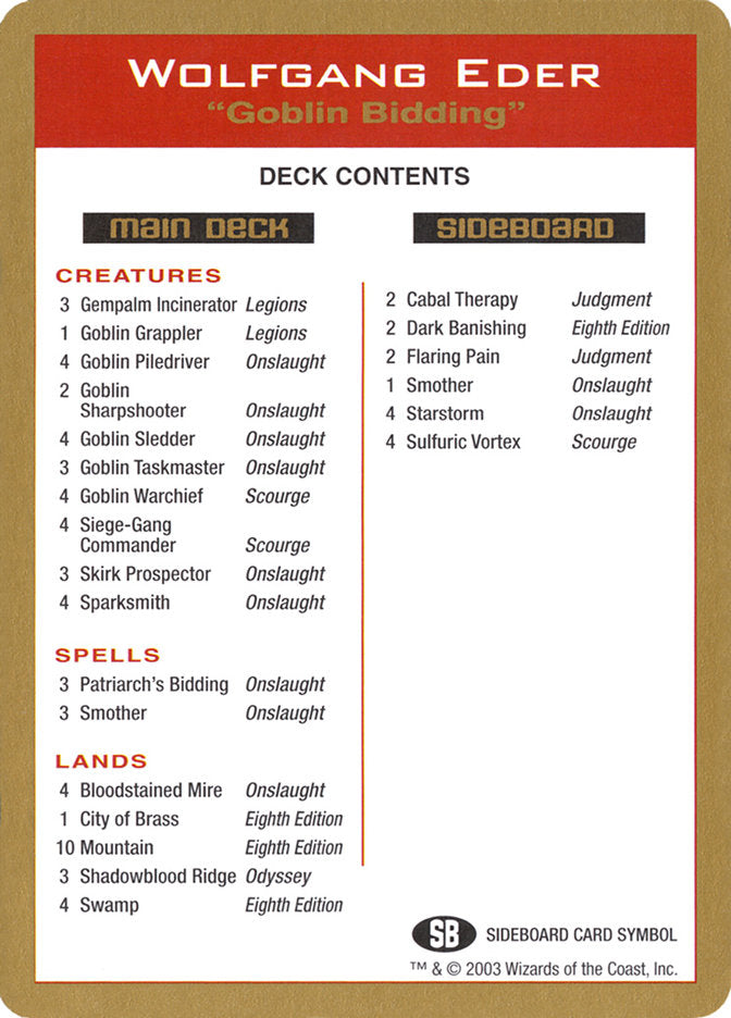 Wolfgang Eder Decklist [World Championship Decks 2003] | Game Grid - Logan