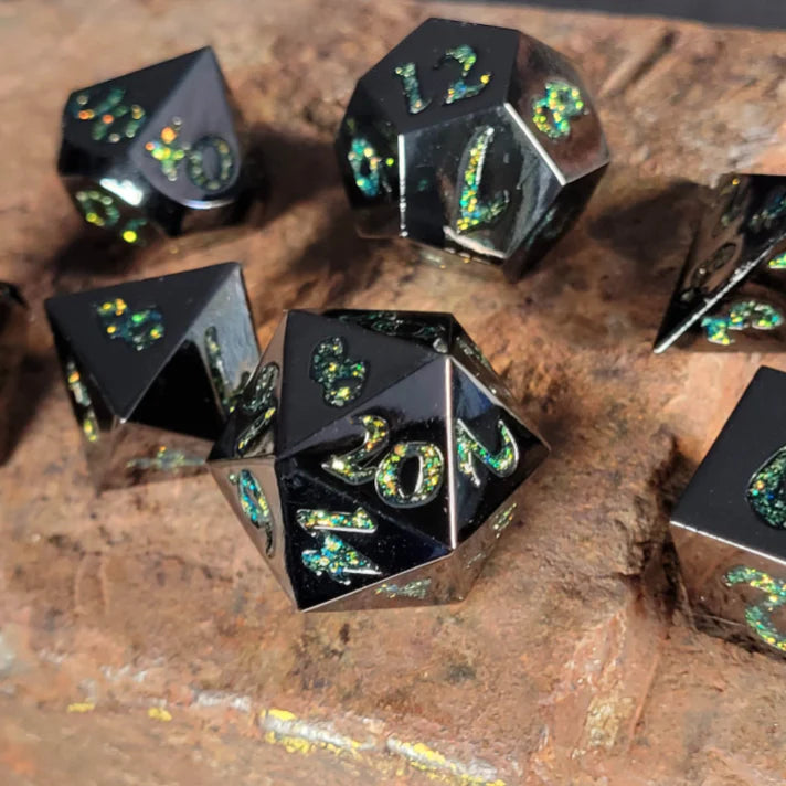 Forged Lore Gunmetal with Green Mica 7-Piece Metal Dice Set | Game Grid - Logan