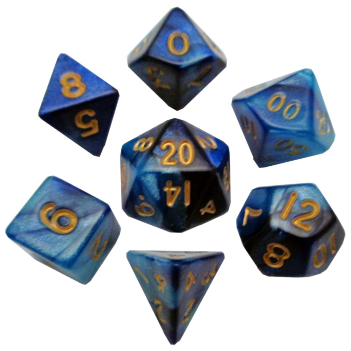 Mini Polyhedral Dice Set: Dark Blue/Light Blue with Gold Numbers | Game Grid - Logan