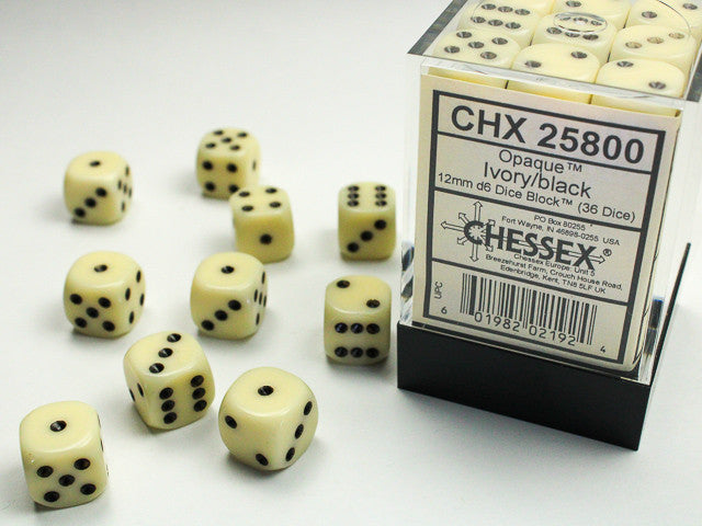 12mm D6 Brick: Opaque - Ivory/Black (36) | Game Grid - Logan