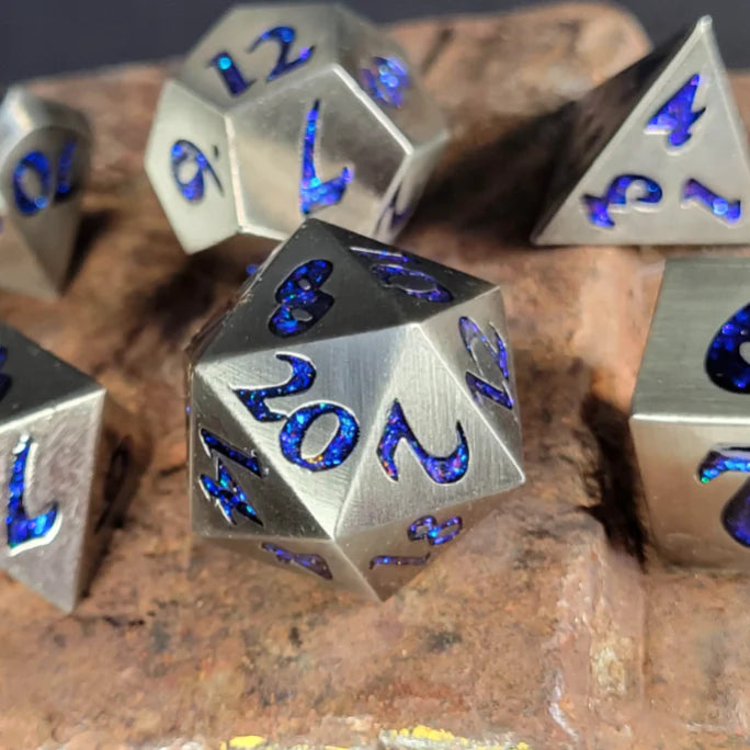 Forged Lore Antique Silver with Blue Mica 7-Piece Metal Dice Set | Game Grid - Logan