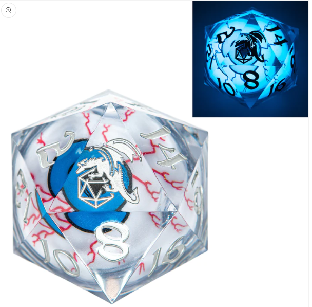 55mm Sharp Edged D20: "Always Watching" Blue/LED Light | Game Grid - Logan