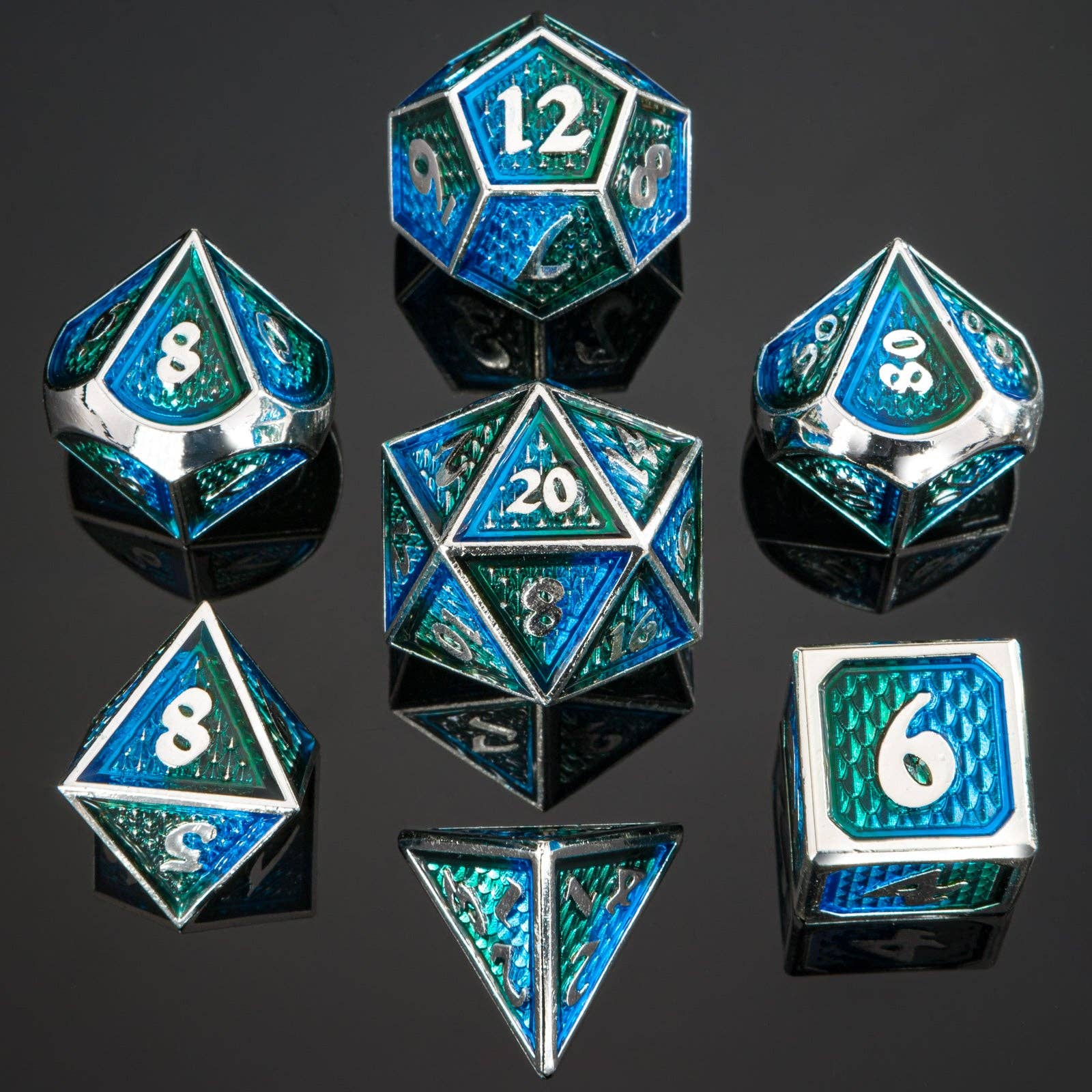 Behemoth Metal Dice: Silver w/ Green & Blue | Game Grid - Logan