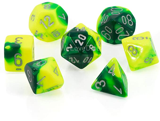 Chessex Gemini 7-Die Set: Green-Yellow/Silver | Game Grid - Logan