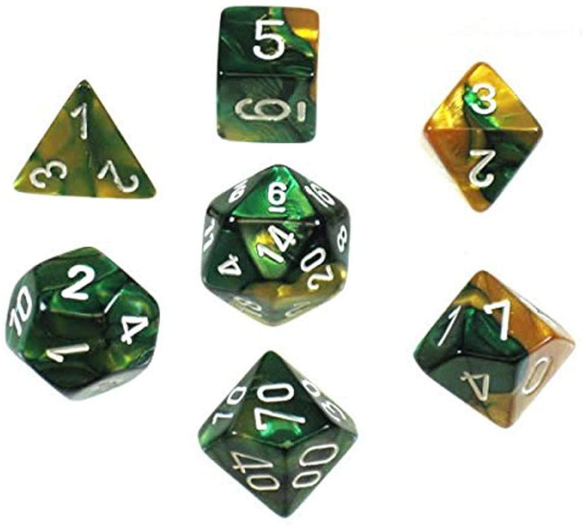 Chessex Gemini 7-Die Set: Gold-Green/White | Game Grid - Logan