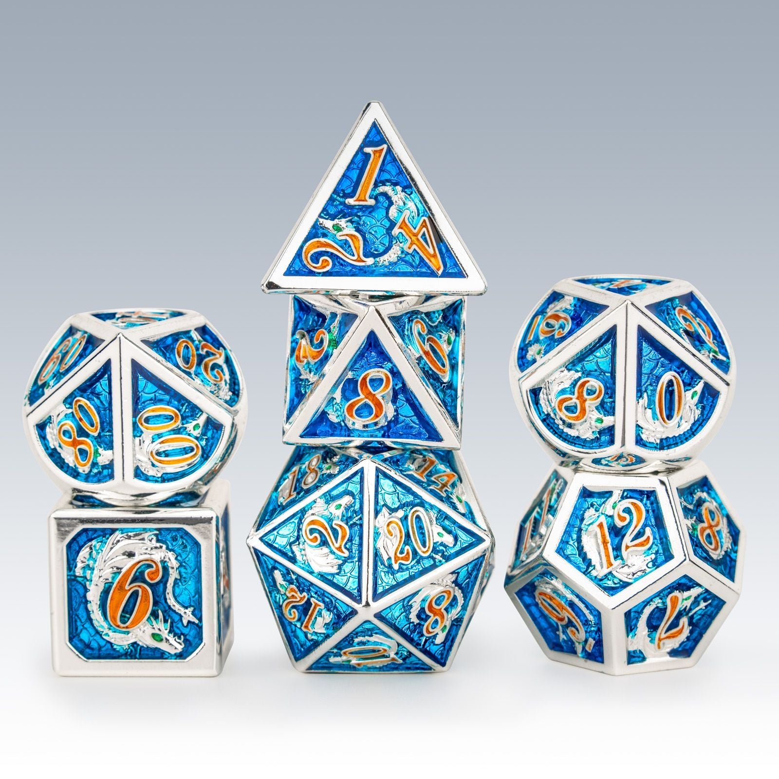 Metal Dragon Dice: Silver and Blue with Orange Font | Game Grid - Logan