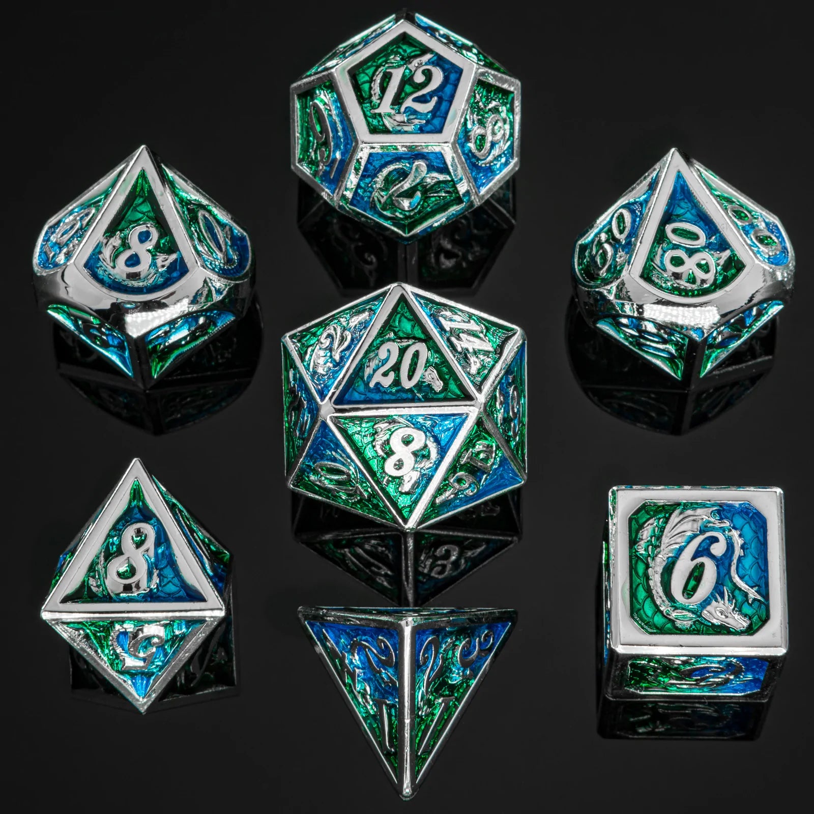 Metal Dragon Dice: Silver and Green/Blue | Game Grid - Logan