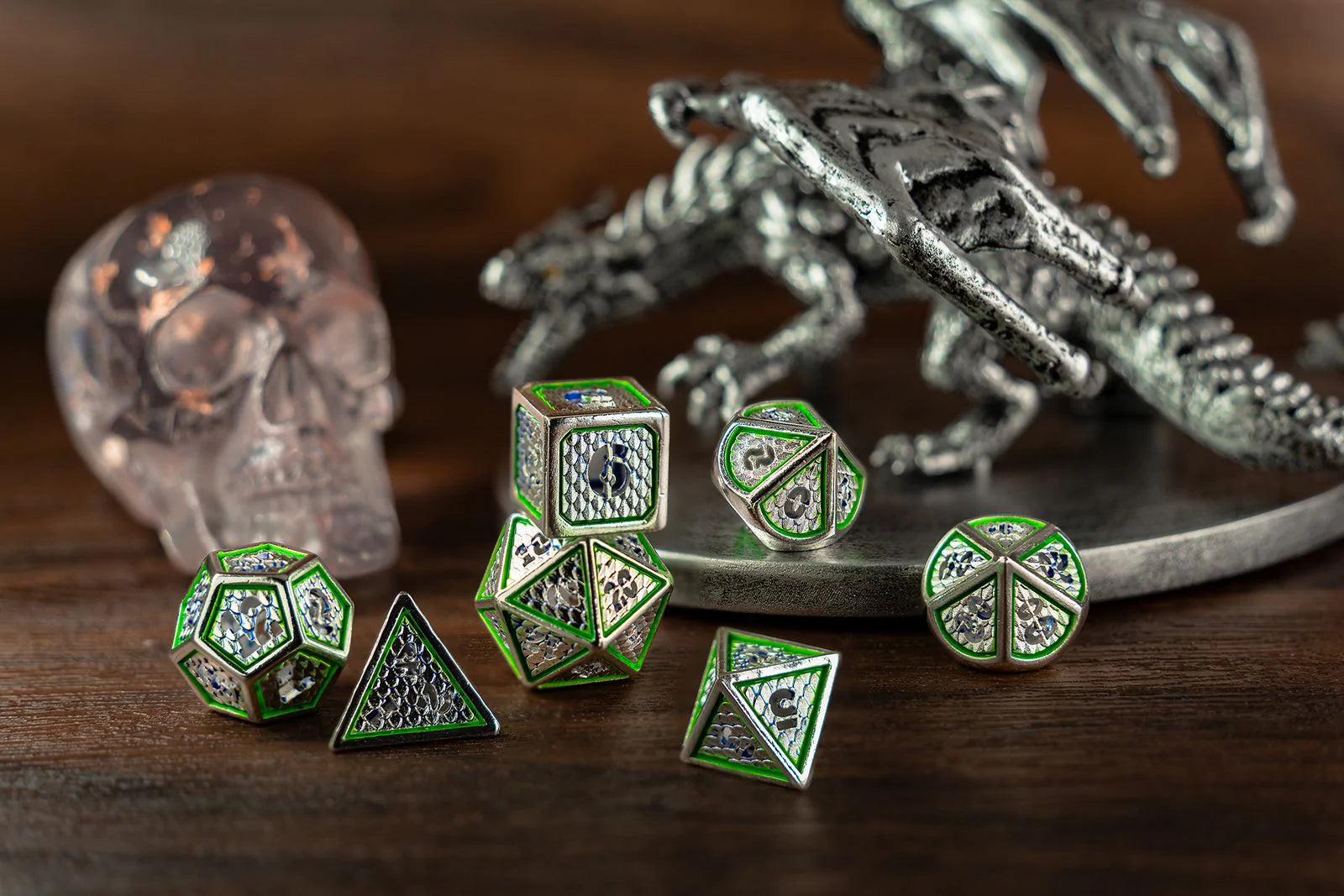 Hollow Wyvern Dice: Silver with Green | Game Grid - Logan