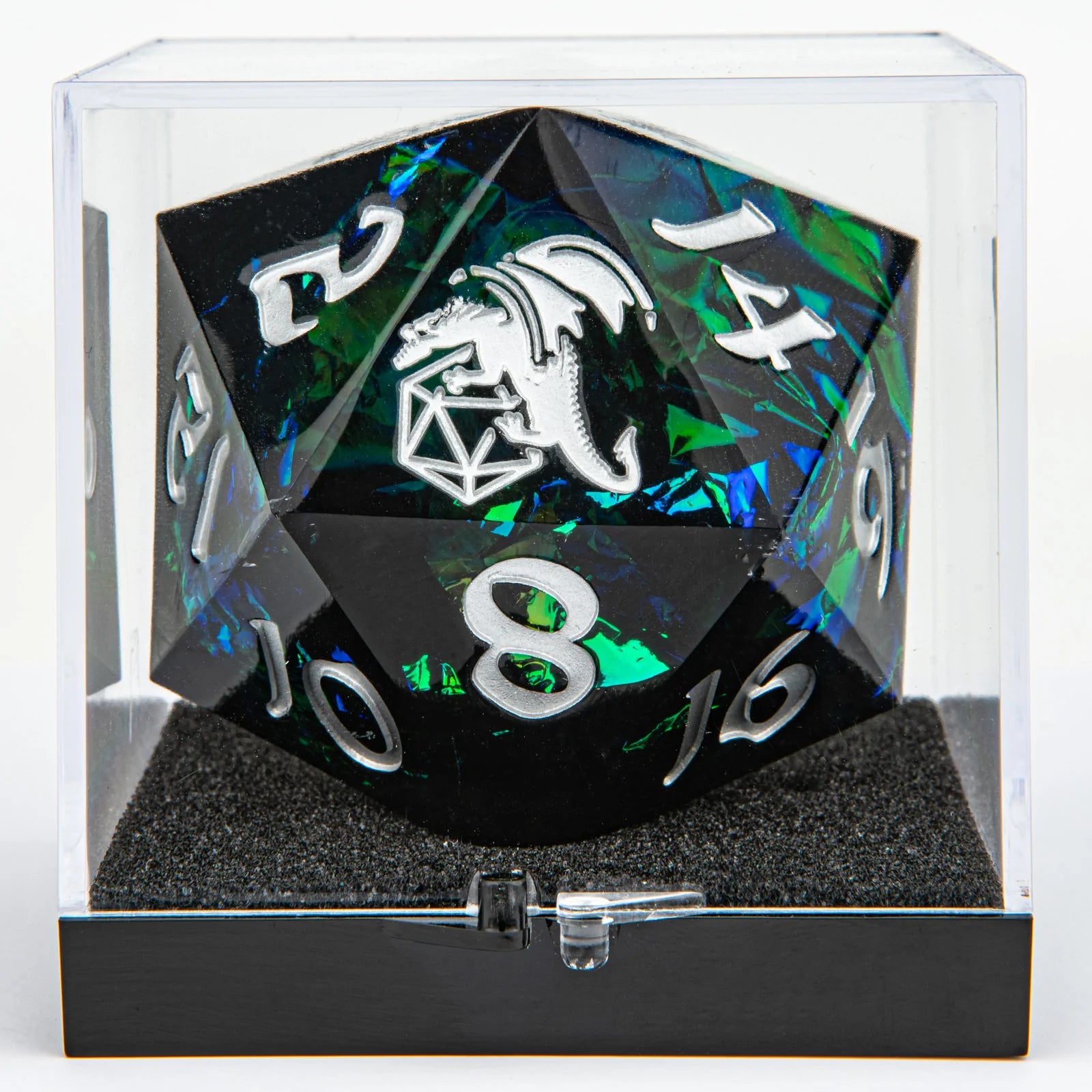 55mm Sharp Edged D20: Black/Silver Ink | Game Grid - Logan