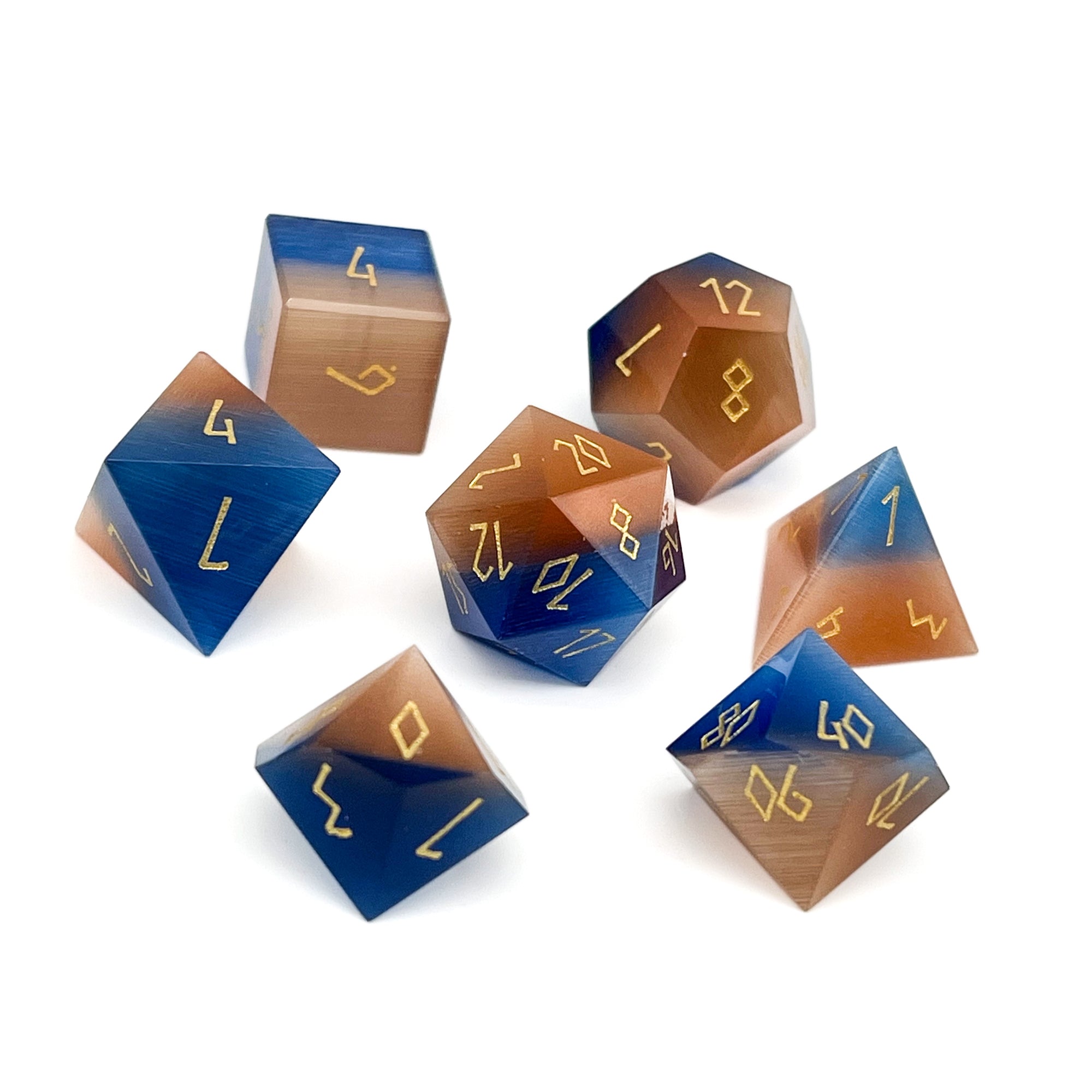 Gemstone Dice: Split The Party - Blue and Orange Cat's Eye | Game Grid - Logan