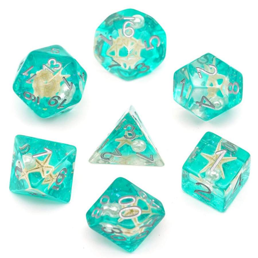 Green Glitter w/ Starfish and Pearl RPG Dice Set | Game Grid - Logan