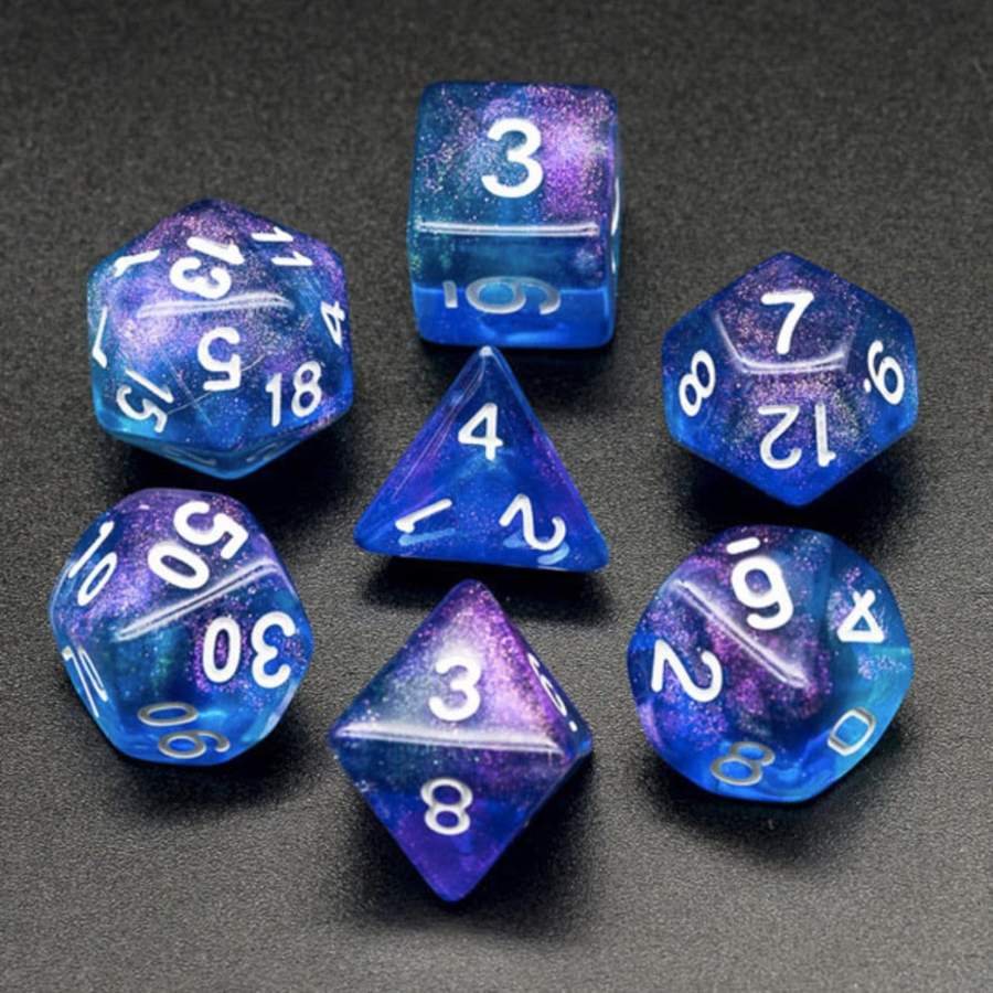 Purple & Blue Glitter RPG Dice Set | Game Grid - Logan