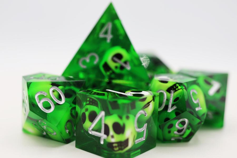 Sharp Edge Resin RPG Dice Set - Green Skulls | Game Grid - Logan