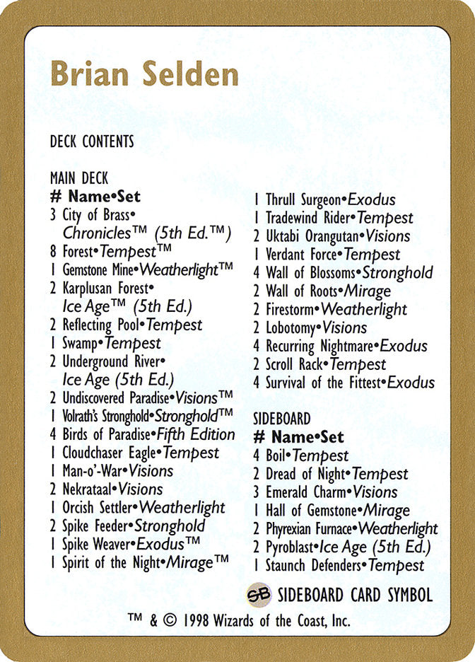 Brian Selden Decklist [World Championship Decks 1998] | Game Grid - Logan