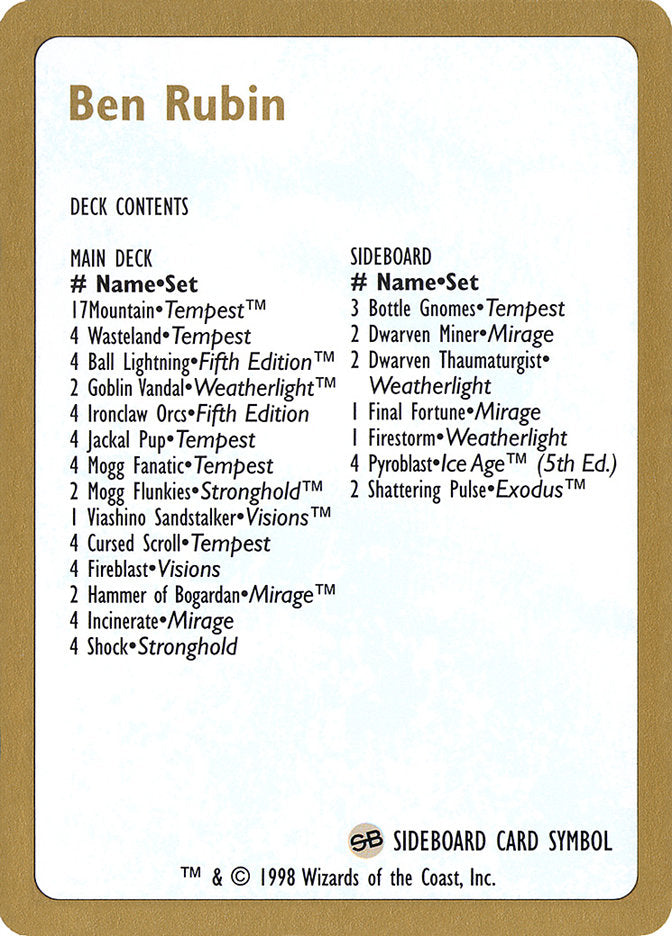 Ben Rubin Decklist [World Championship Decks 1998] | Game Grid - Logan