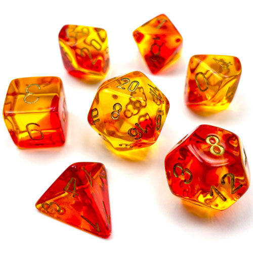 Chessex Gemini 7-Die Set: Translucent Red-Yellow/Gold | Game Grid - Logan