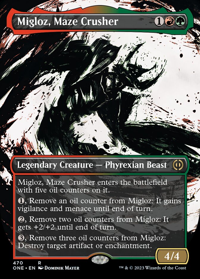 Migloz, Maze Crusher (Borderless Ichor Step-and-Compleat Foil) [Phyrexia: All Will Be One] | Game Grid - Logan