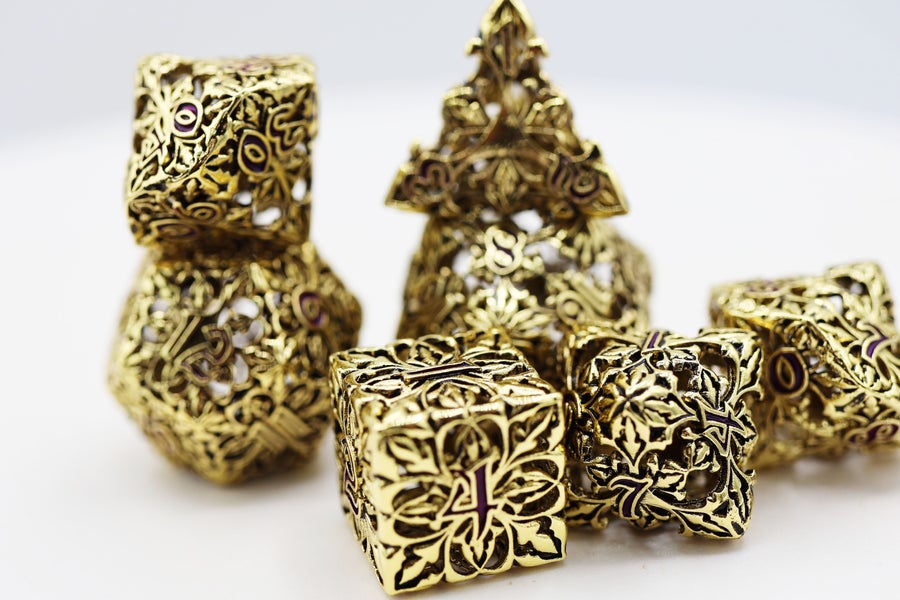 Fleur de Lis: Gilded Amethyst Hollow Metal RPG Dice Set | Game Grid - Logan
