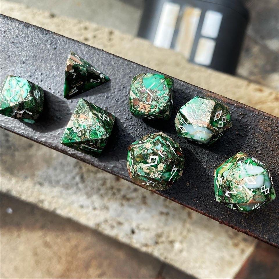 Gemstone Dice: Pyrite Green Imperial Jasper Trustone | Game Grid - Logan