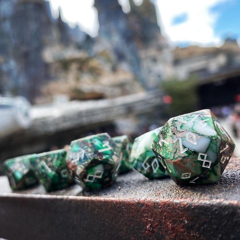 Gemstone Dice: Pyrite Green Imperial Jasper Trustone | Game Grid - Logan