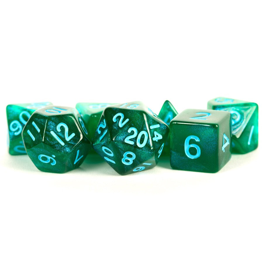 MDG Dice Set Stardust: Green w/ Blue Numbers | Game Grid - Logan